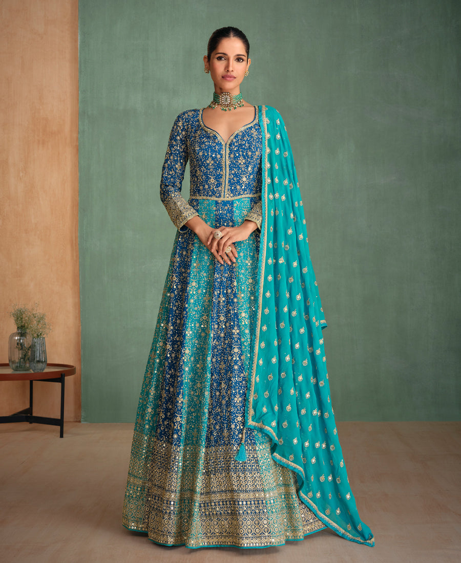 Designer Sky Blue Kali Worked Embroidery Anarkali For Women Wedding Wear