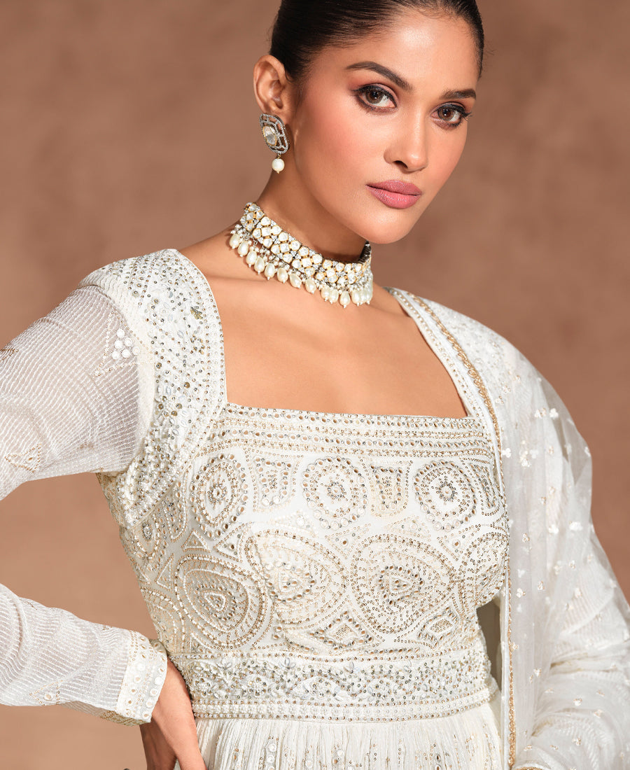 Designer White Georgette Wedding Wear Heavy Embroidered Anarkali Set For Women
