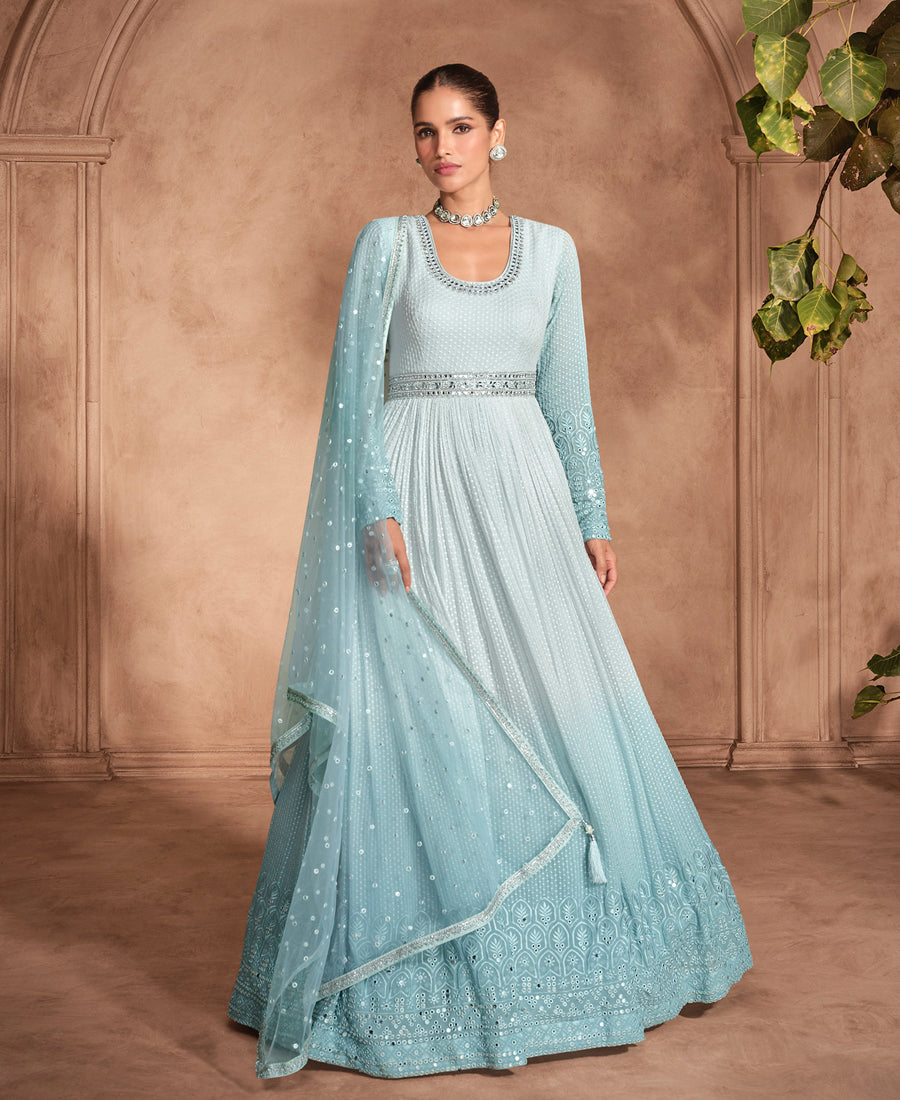 Designer Sky Blue Georgette Wedding Wear Heavy Embroidered Anarkali Set For Women