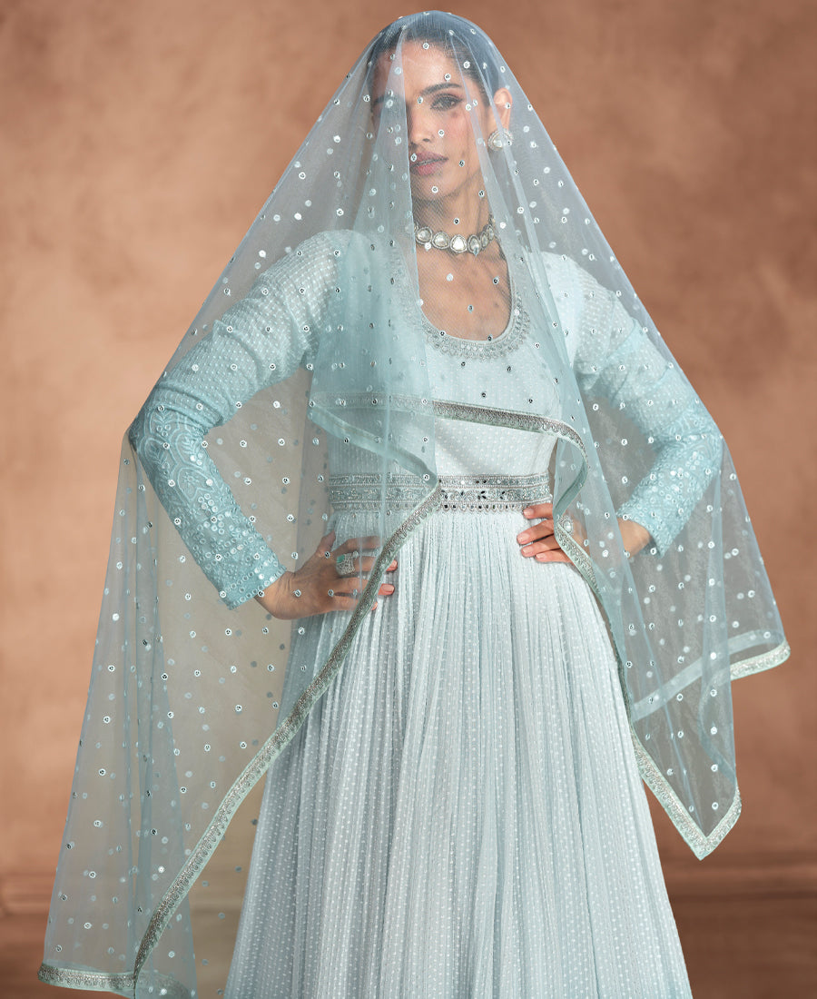 Designer Sky Blue Georgette Wedding Wear Heavy Embroidered Anarkali Set For Women