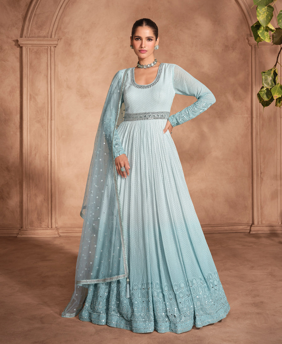 Designer Sky Blue Georgette Wedding Wear Heavy Embroidered Anarkali Set For Women
