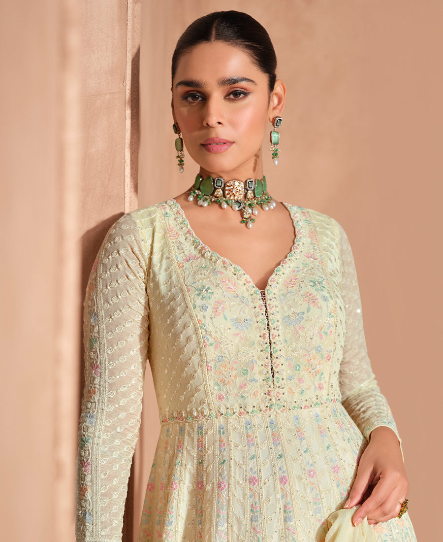 Designer Off White Georgette Wedding Wear Heavy Embroidered Anarkali Set For Women