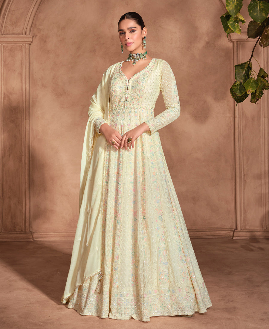 Designer Off White Georgette Wedding Wear Heavy Embroidered Anarkali Set For Women