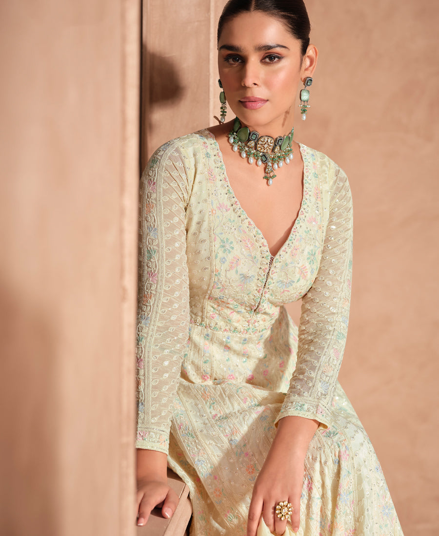 Designer Off White Georgette Wedding Wear Heavy Embroidered Anarkali Set For Women