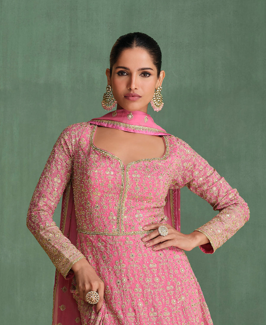 Baby Pink Ombre Pattern Embroidered Anarkali Suit Set For Women Festival Wear