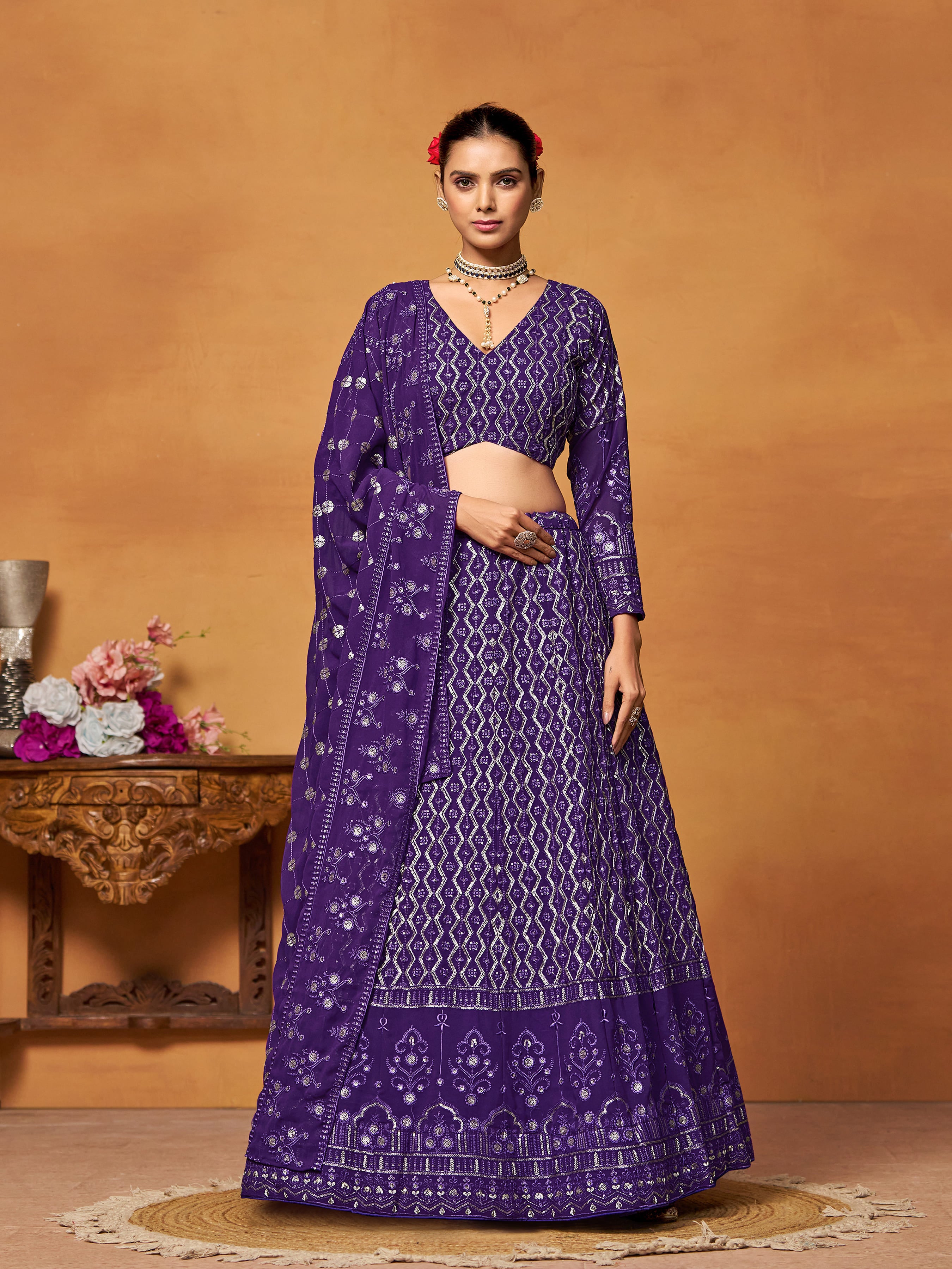 Purple Georgette Thread Sequence Embroidery Work Lehenga Choli