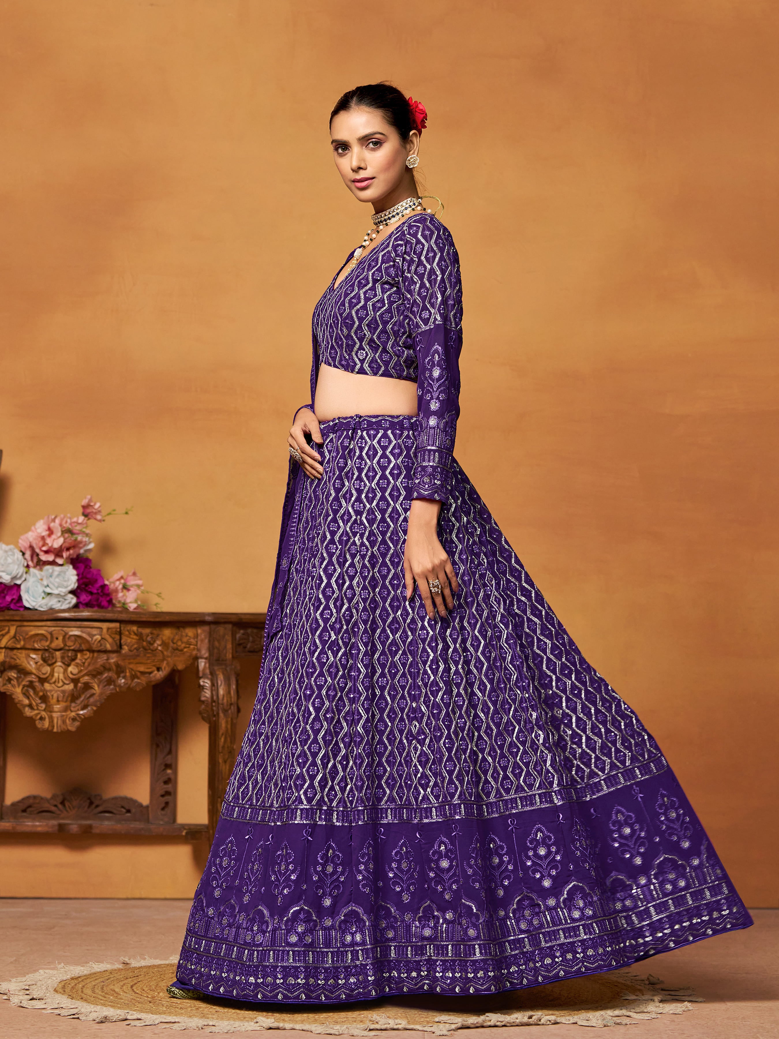 Purple Georgette Thread Sequence Embroidery Work Lehenga Choli