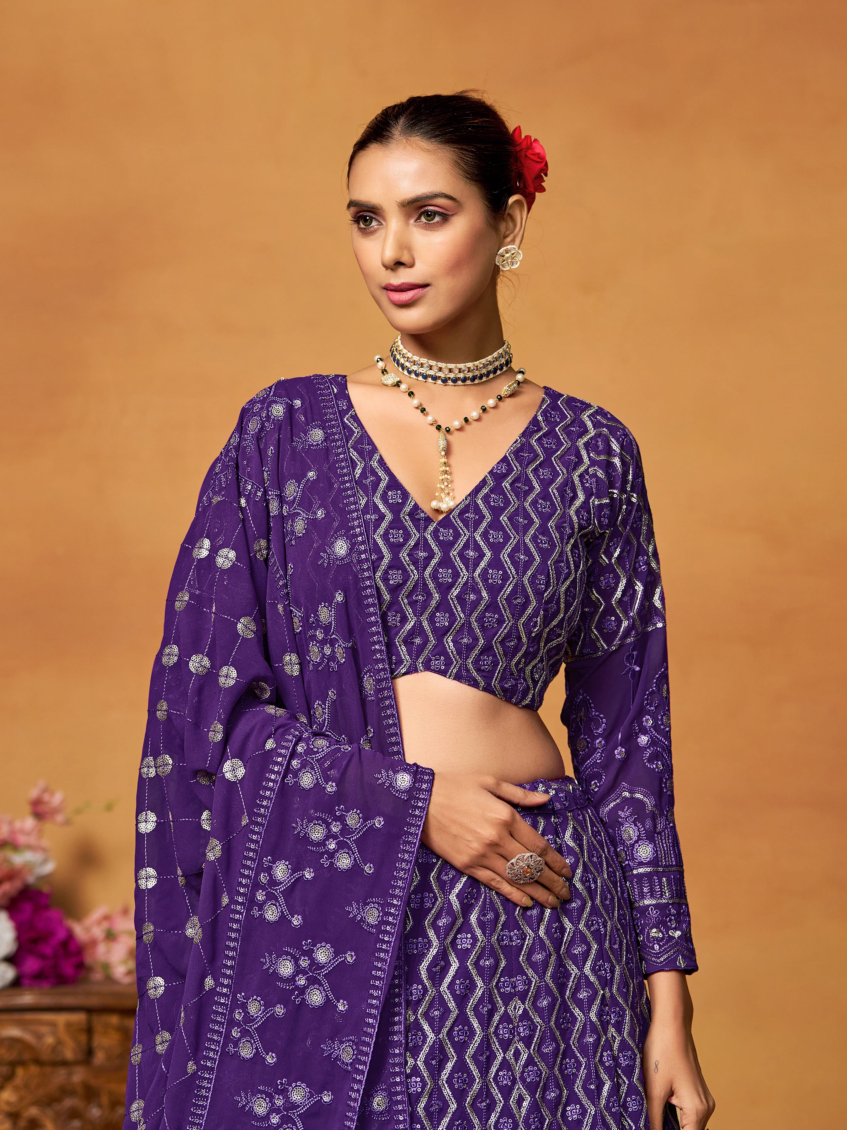 Purple Georgette Thread Sequence Embroidery Work Lehenga Choli