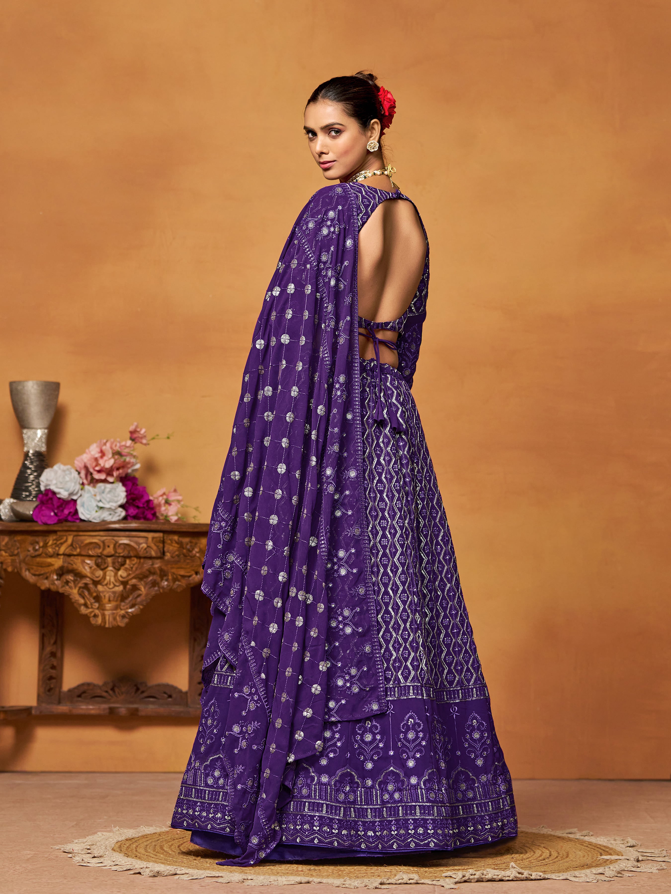 Purple Georgette Thread Sequence Embroidery Work Lehenga Choli