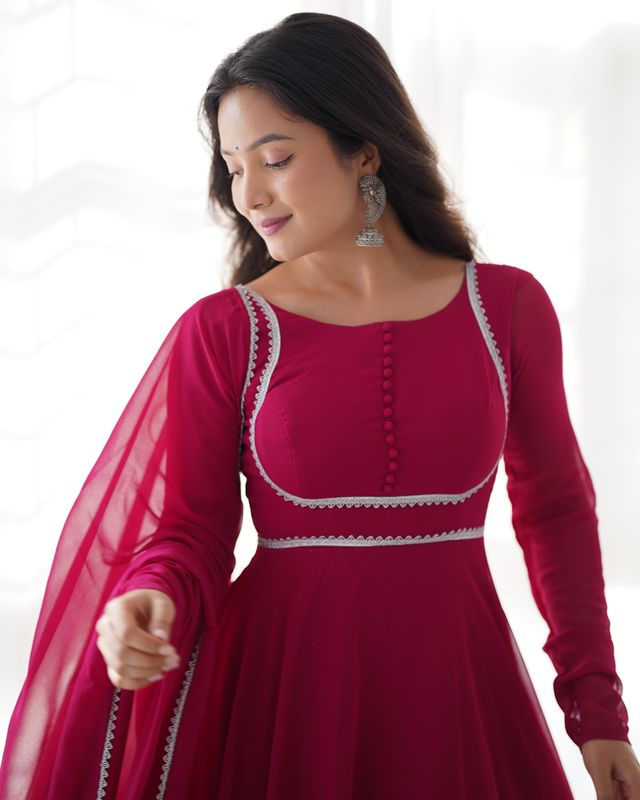Pink Georgette Anarkali Gown Dupatta Set With Pant Ready to Wear