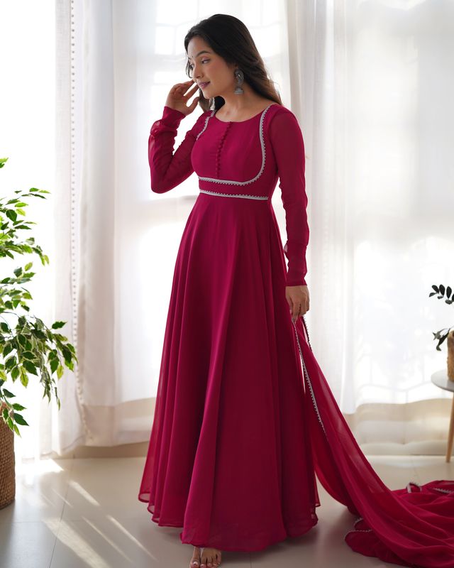 Pink Georgette Anarkali Gown Dupatta Set With Pant Ready to Wear