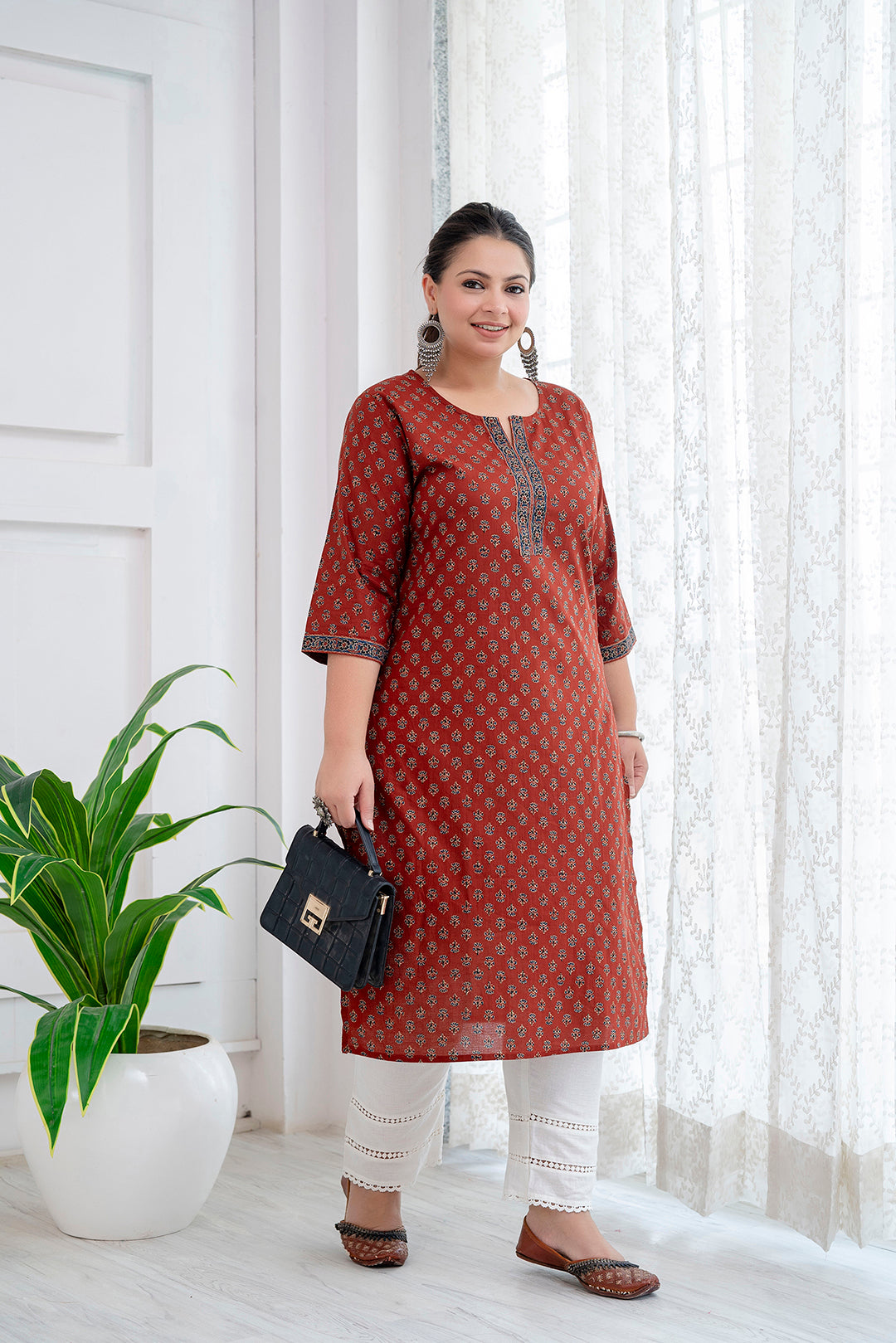 Plus Size Maroon Printed Straight Kurta For Women