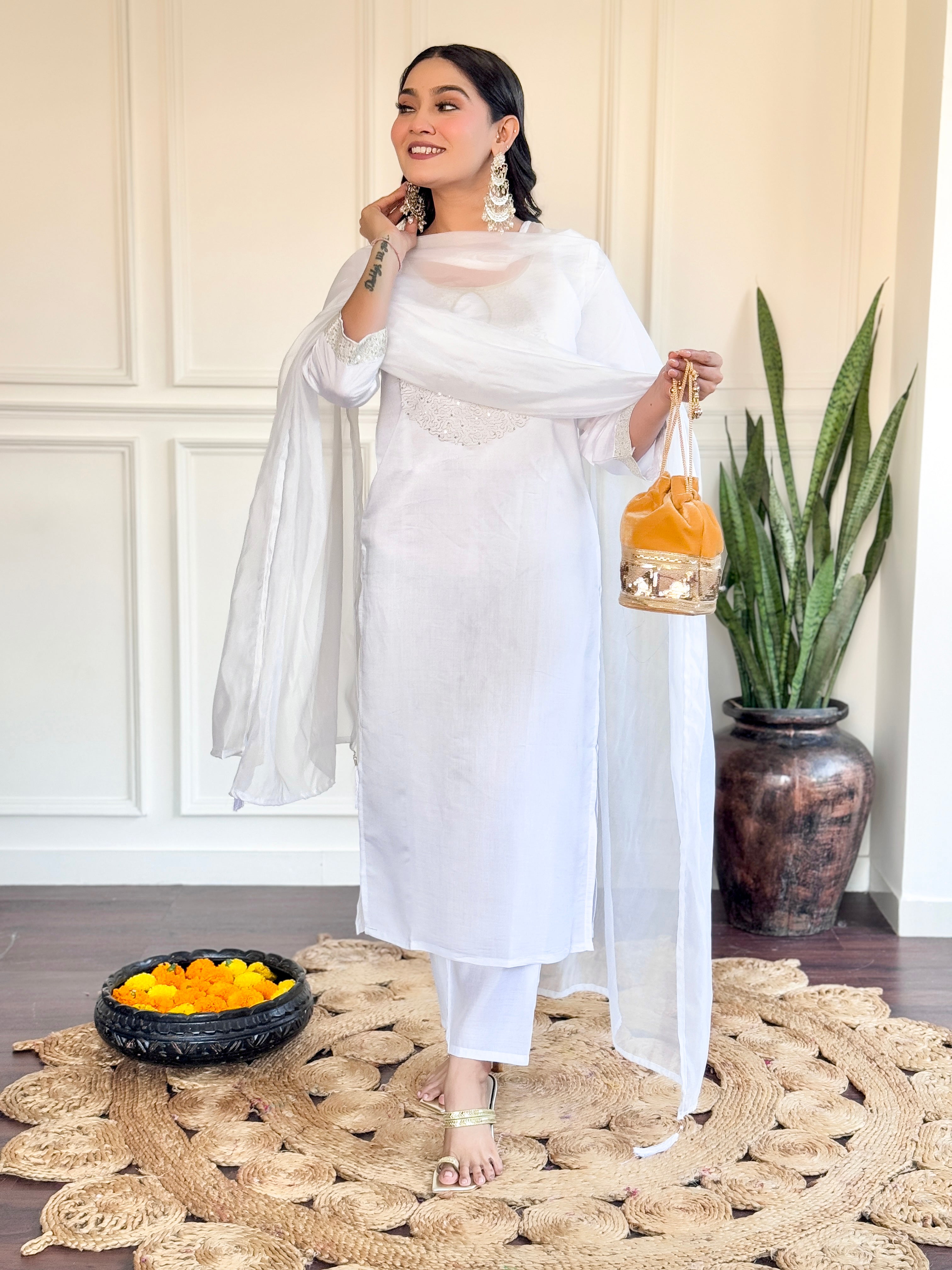 White Chanderi Embroidery Kurta