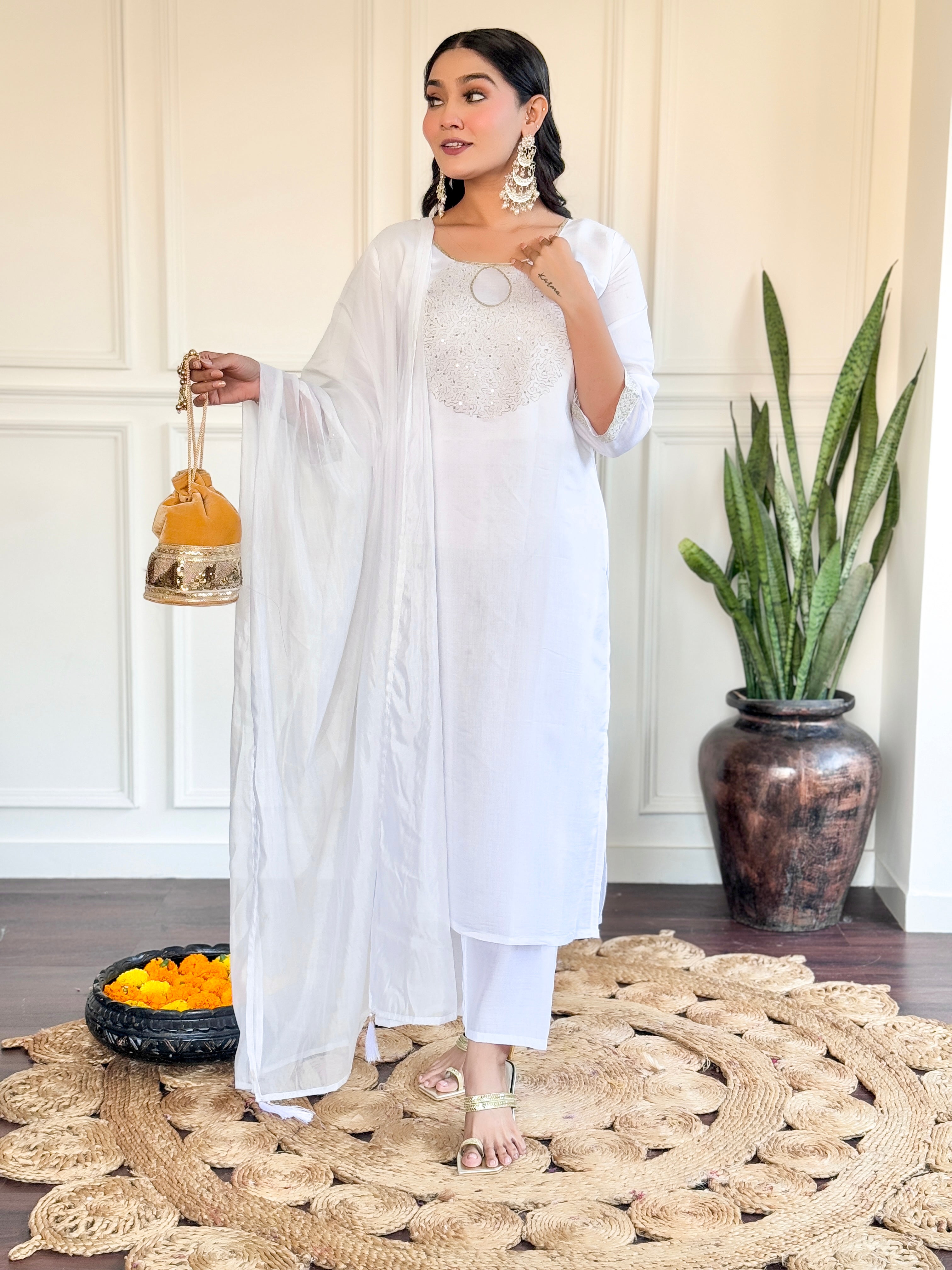 White Chanderi Embroidery Kurta