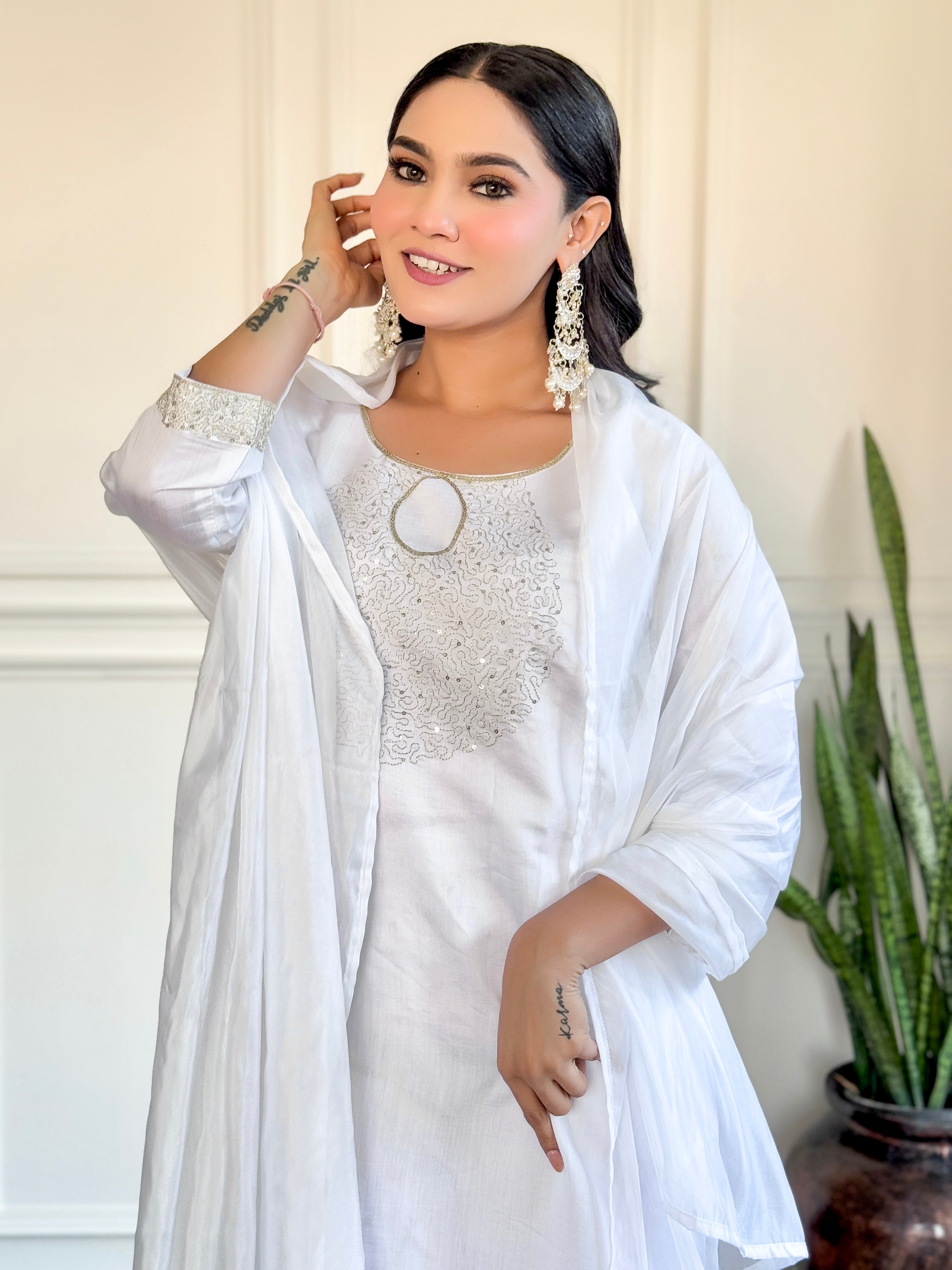 White Chanderi Embroidery Kurta