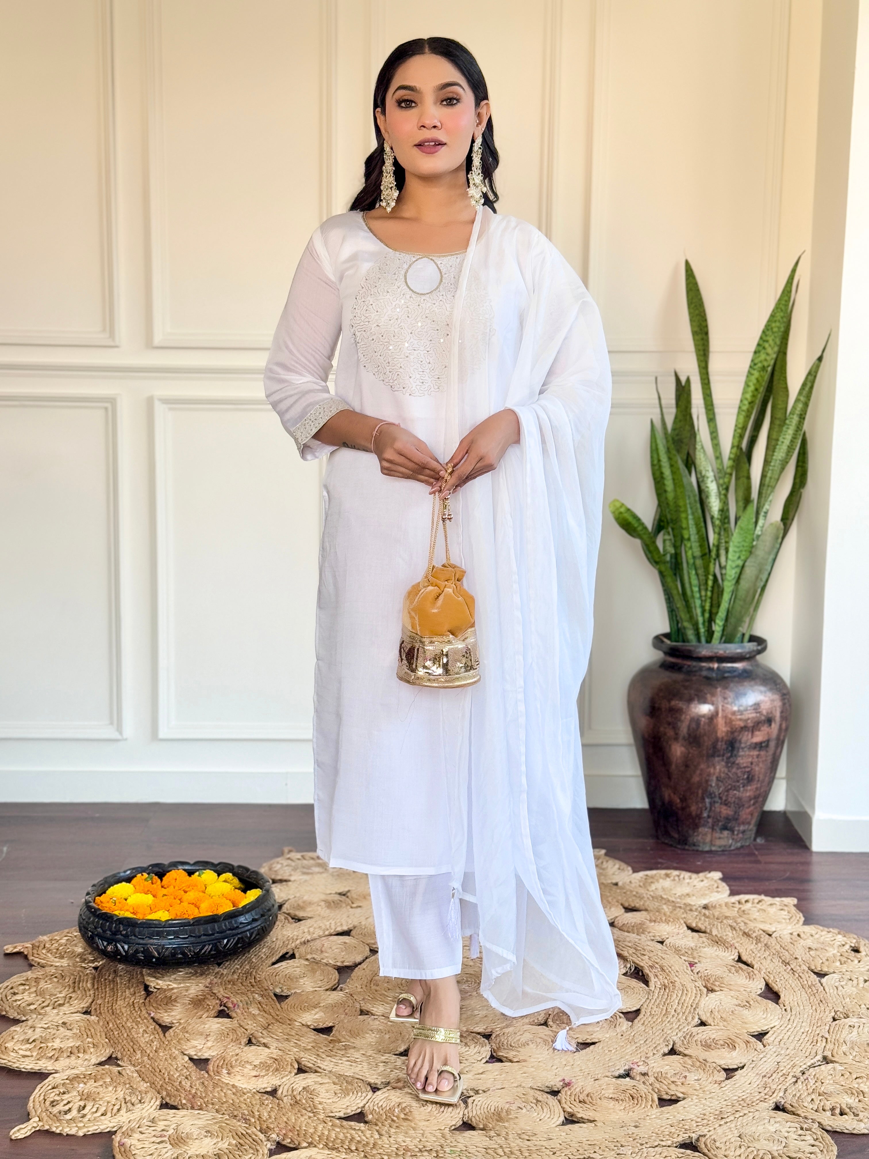 White Chanderi Embroidery Kurta