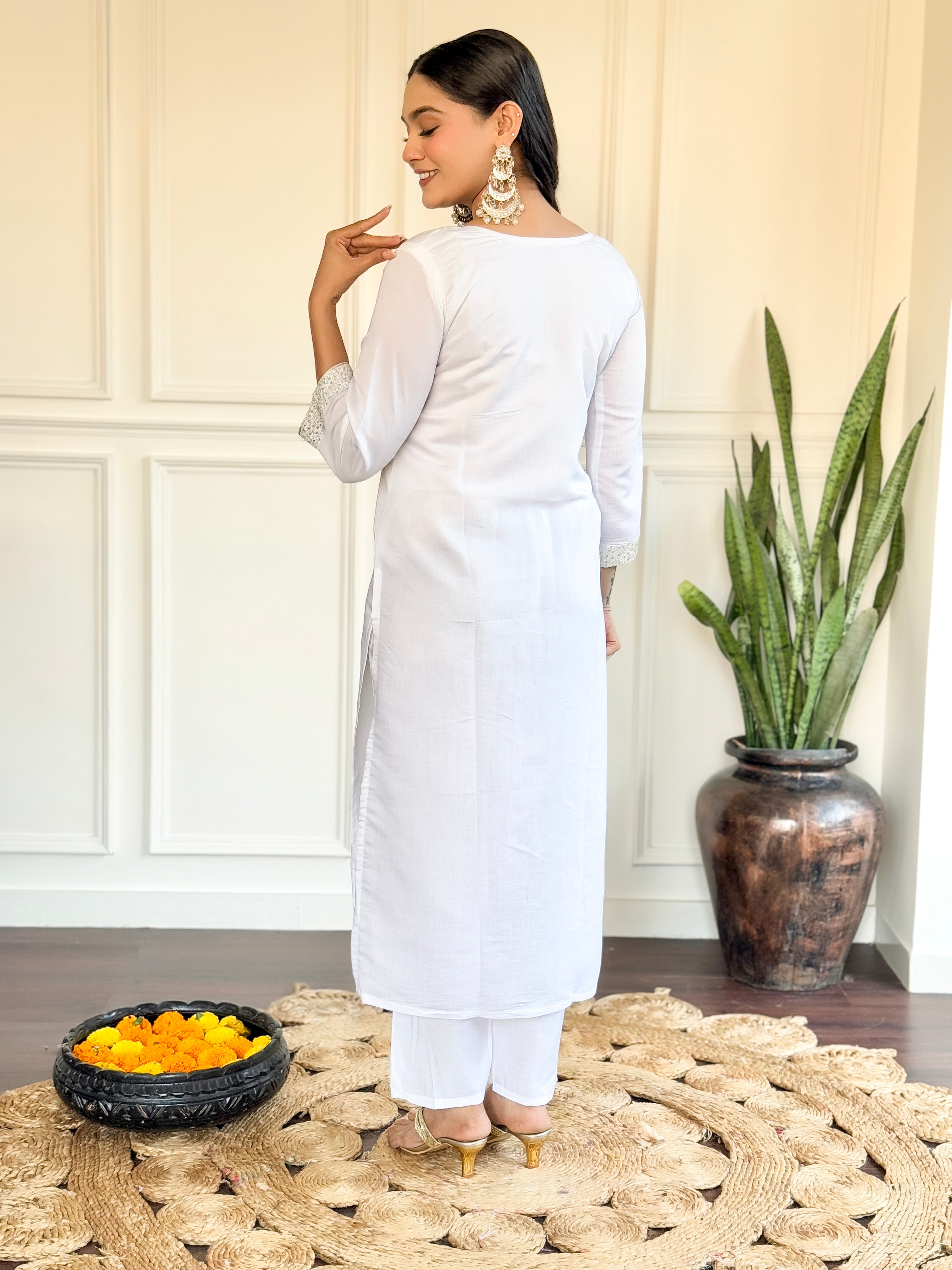 White Chanderi Embroidery Kurta