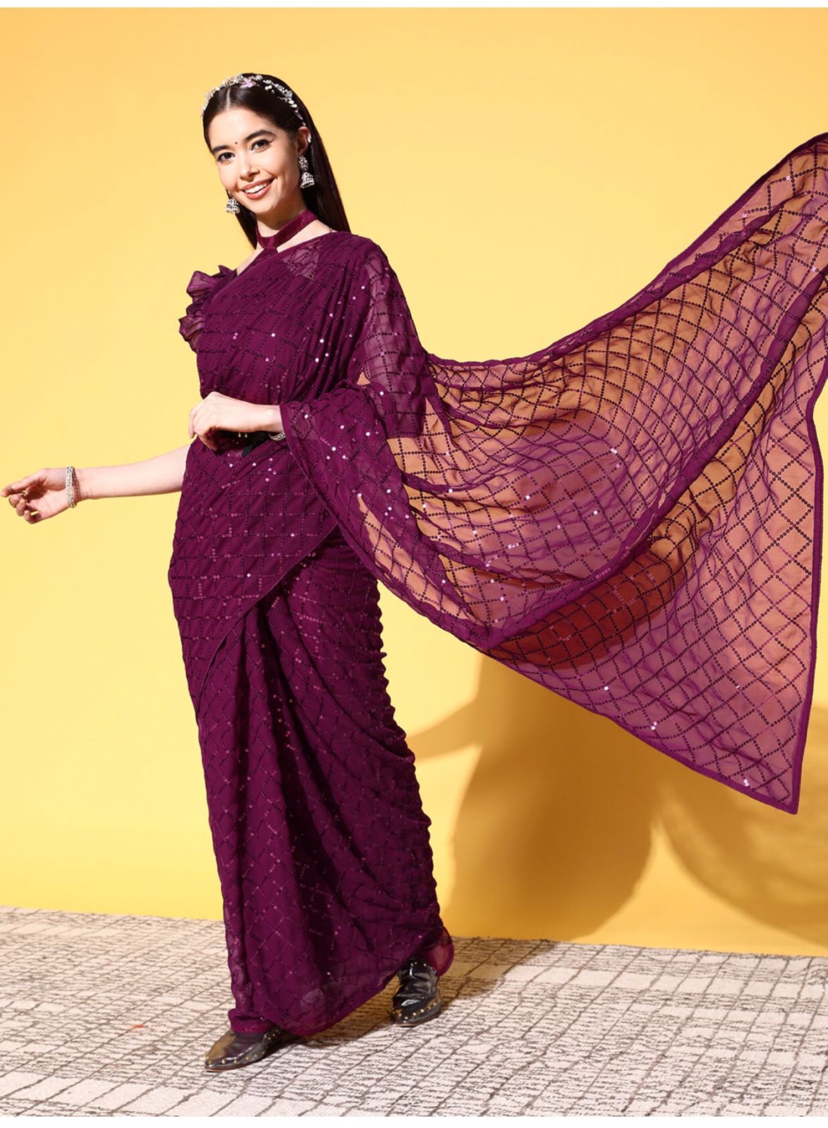 Solid Embellished Sequinned Pure Georgette Saree