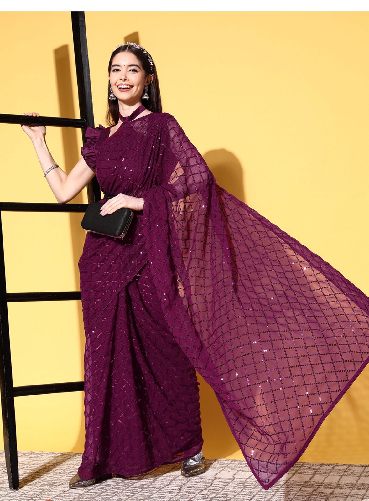 Solid Embellished Sequinned Pure Georgette Saree