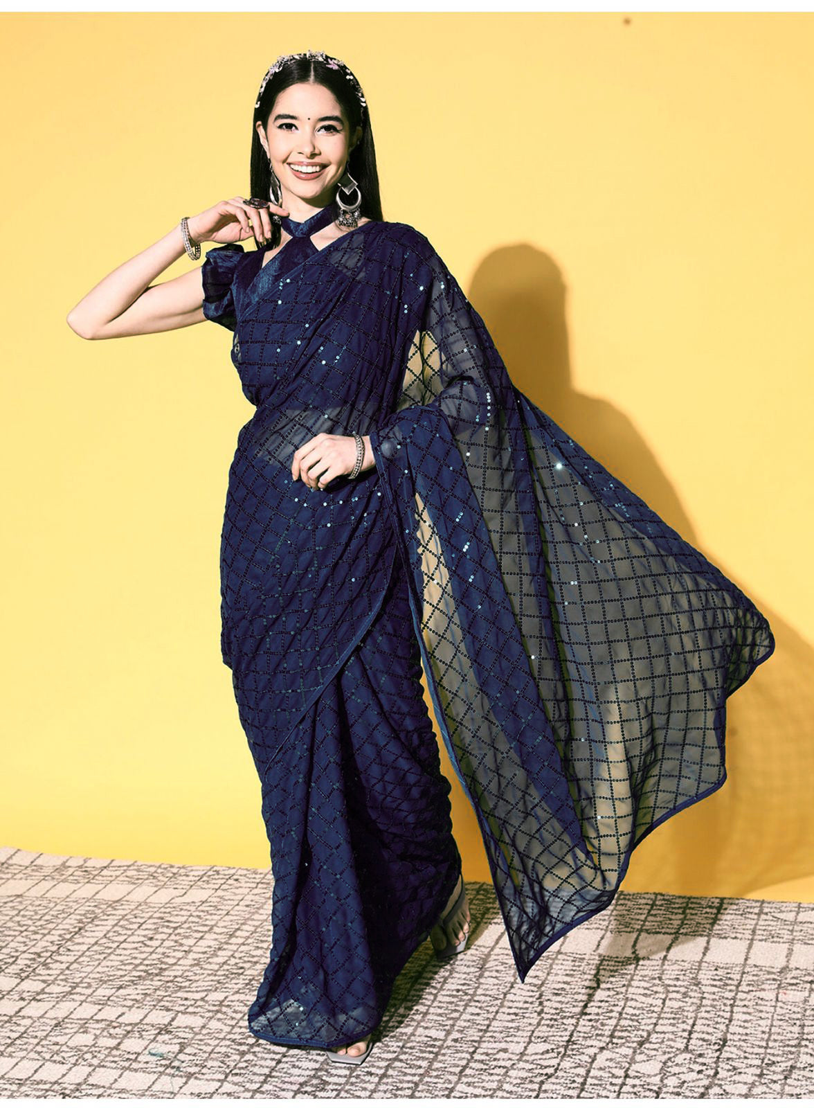 Solid Embellished Sequinned Pure Georgette Saree