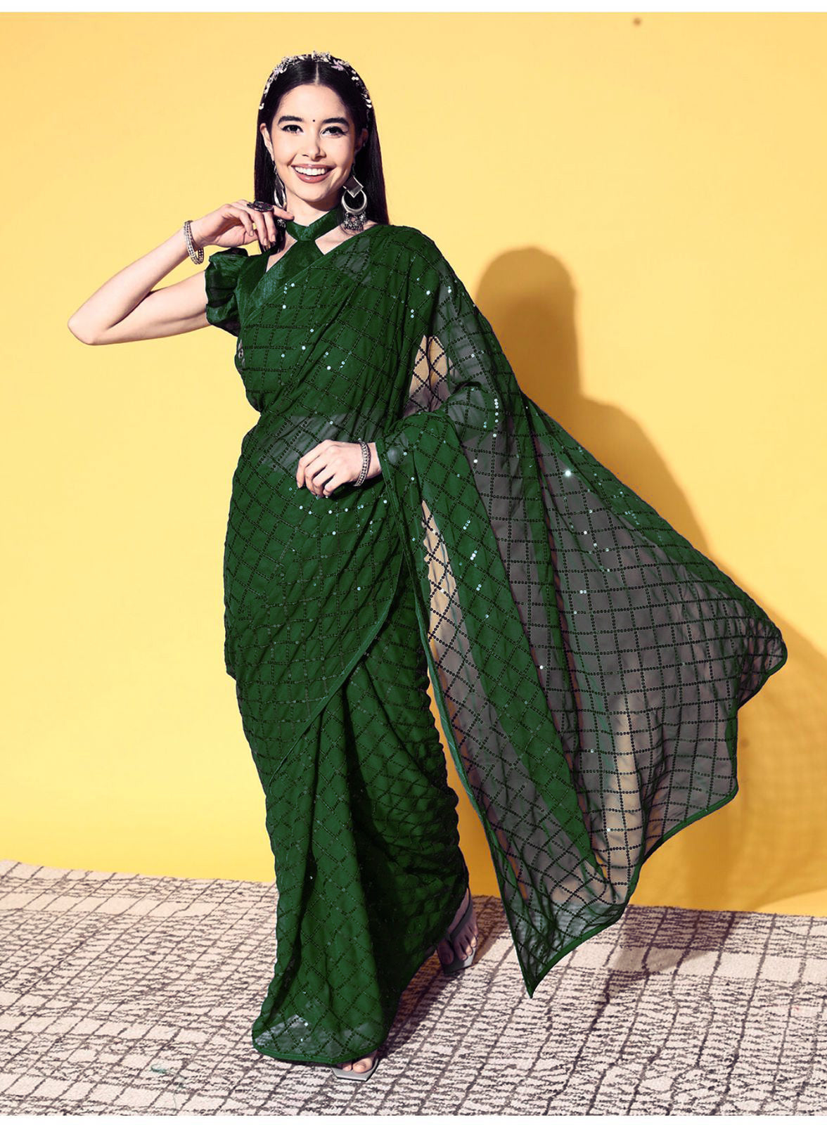 Solid Embellished Sequinned Pure Georgette Saree
