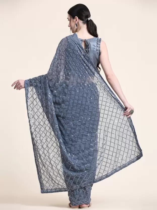 Solid Embellished Sequinned Pure Georgette Saree