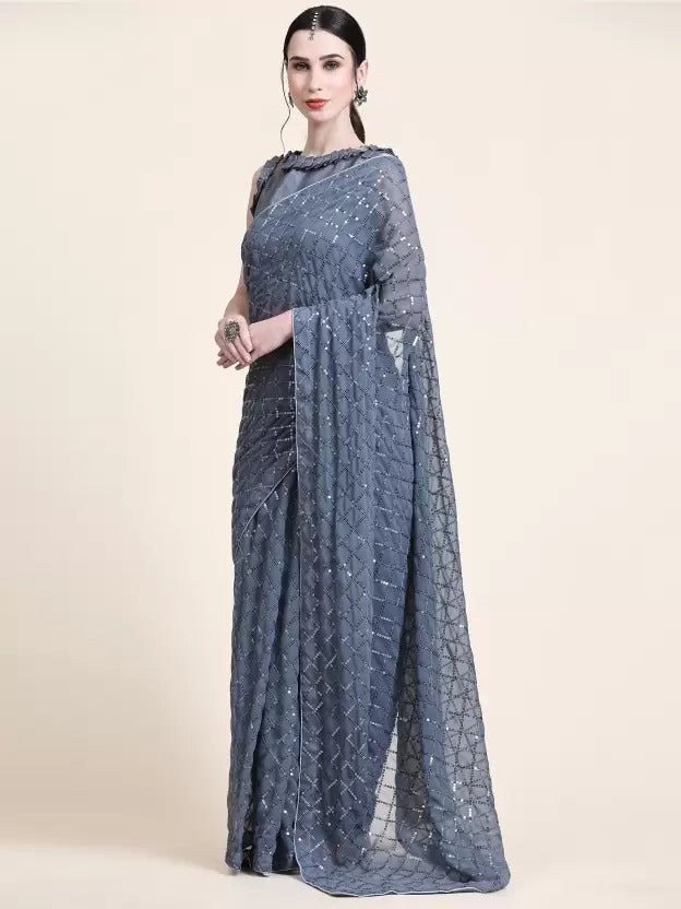 Solid Embellished Sequinned Pure Georgette Saree