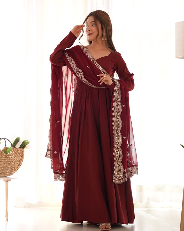 Maroon Pure Roman Silk Chanderi Fabric Fully Flared Anarkali Pant With Dupatta Set