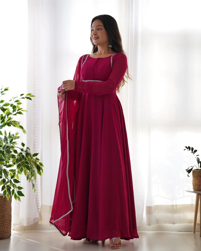 Pink Georgette Anarkali Gown Dupatta Set With Pant Ready to Wear