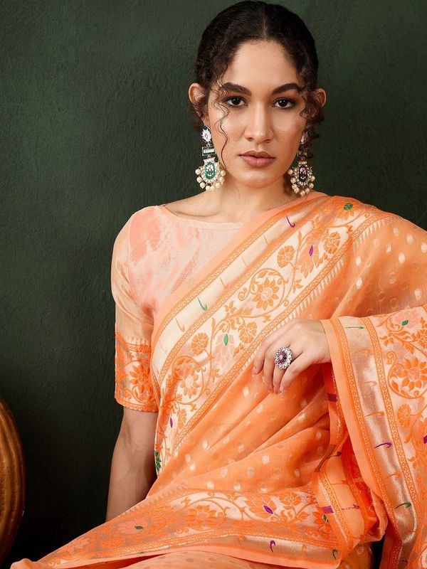 Orange Poly Cotton Wevon Designer Indian Rich Cultural Looks Saree