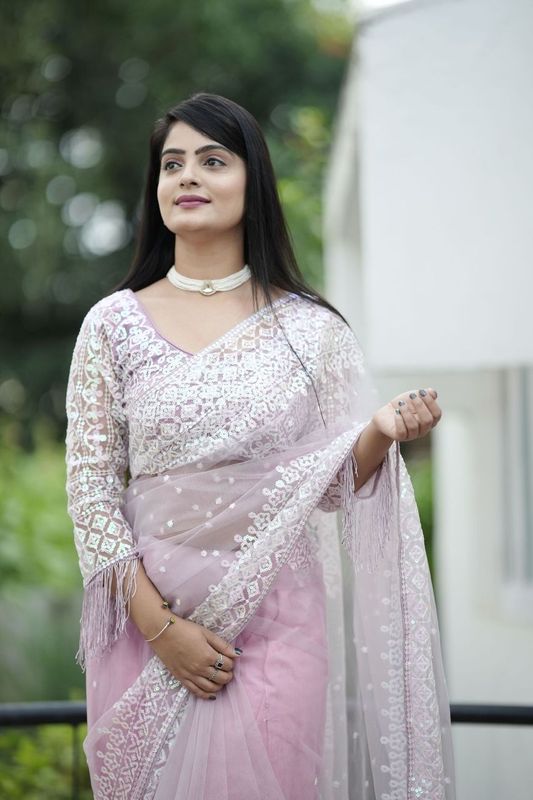 Grey Color Soft Net Fabric Glamorous Sequance Embroidery Work Saree