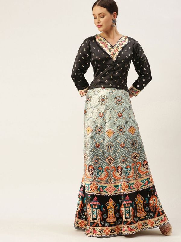 Ethnic Motifs Digital Print Shiney Satin Croptop Lehenga Choli With Blouse For Women and Girls