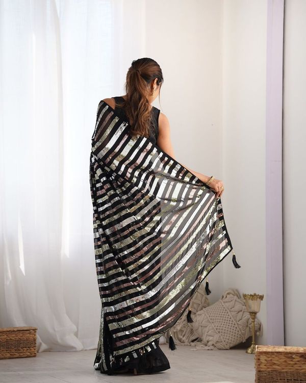 Black Sequance Embroidery Work Border Georgette Saree