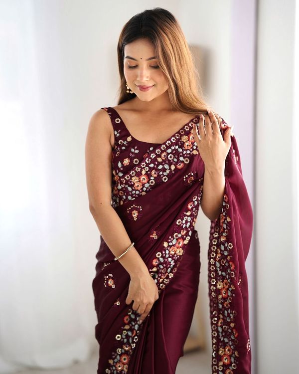 Wine Multy Thread & Sequance Embroidery Work Satin Chiffon Saree