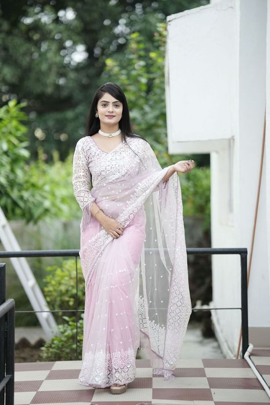 Grey Color Soft Net Fabric Glamorous Sequance Embroidery Work Saree