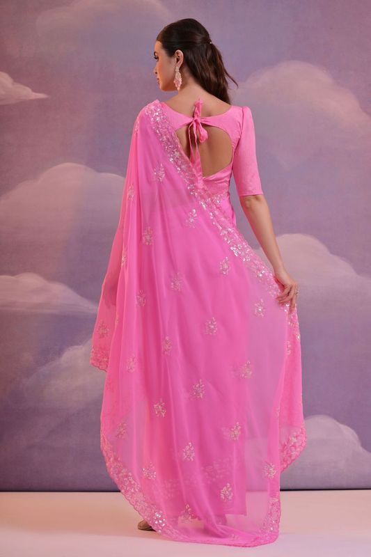 Pink Designer Sequance Embroidery Work Georgette Saree