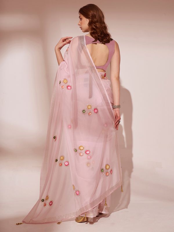 Pink Designer Brush Printed Blooming Organza Saree