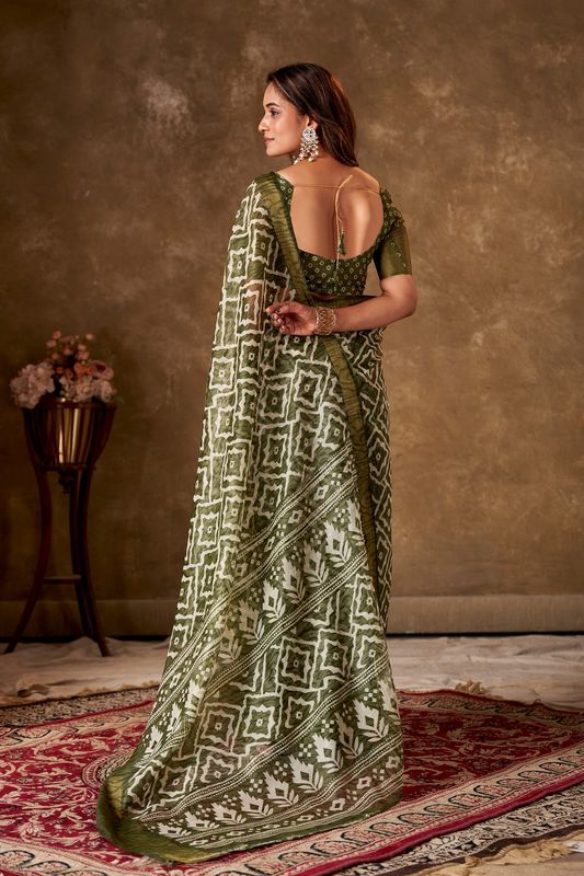 Olive Cotton Printed Saree and Stitched Olive Blouse