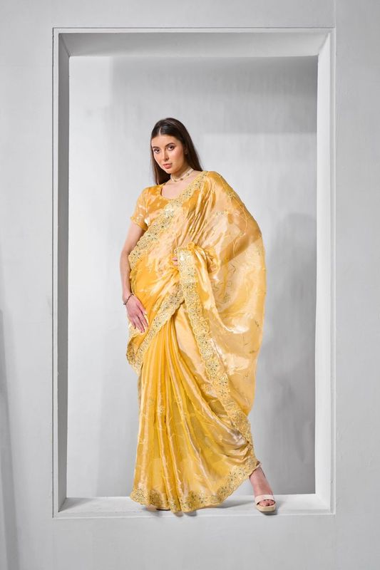 Yellow Designer Embroidery Work Burburry Saree