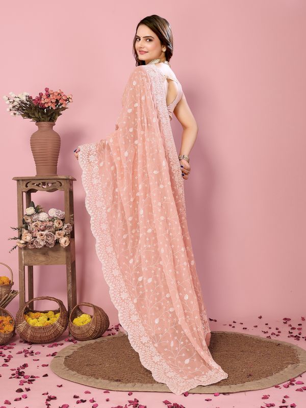 Peach Thread & Sequance Embroidery Work Georgette Saree