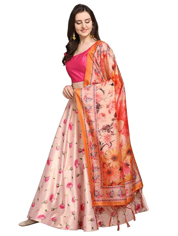 Bandhni Patola Type Digital Print Shiney Satin Croptop Lehenga Choli With Blouse For Women and Girls