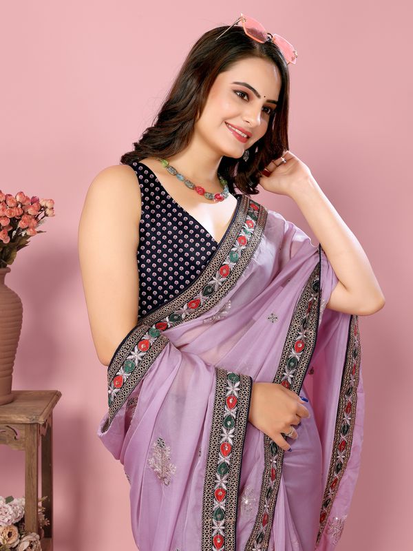 Purple Coding & Sequance Embroidery Work & Printed Organza Saree