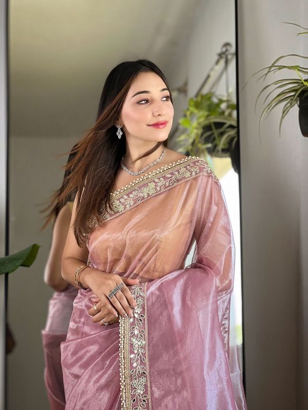 Pink Sequance & Jari Embroidery Work Silver Tissue Silk Saree