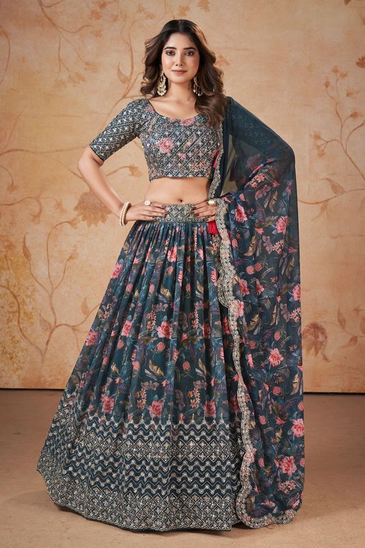 Digital Print Satin Silk Fabric Stitched Lehenga Choli With Jequared Blouse and Assami Silk Thread Work Dupatta For Women and Girls In Festive Party And Traditional Wear