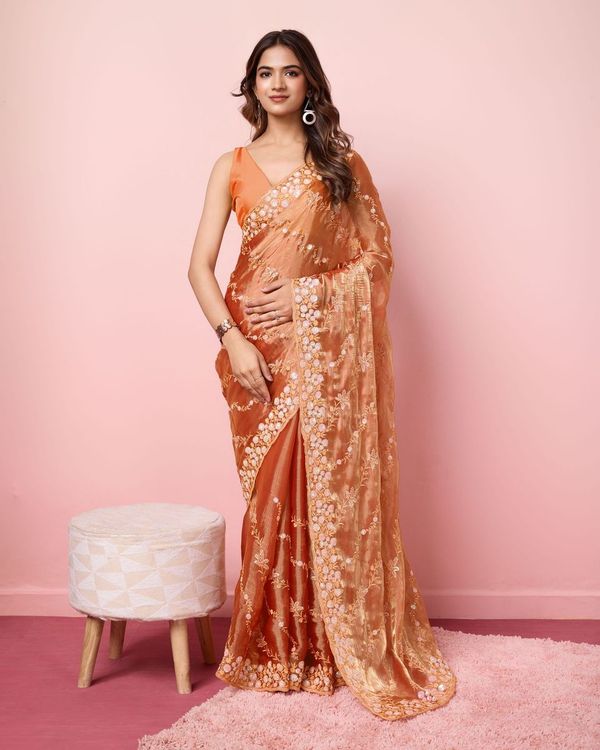 Orange Designer Sequance Embroidery Work Burberry Silk Saree