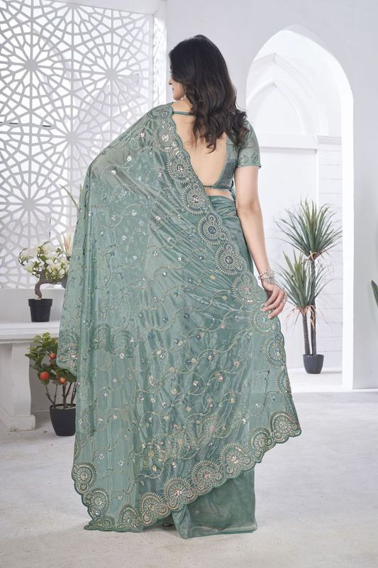 Grey Duble Sequance & Thread Embroidery Work Tissue Net Saree