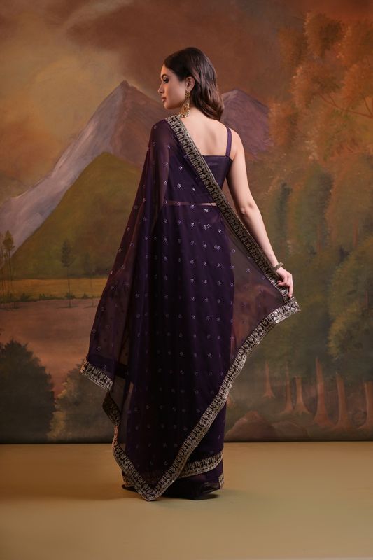 Wine Sequance Butti Embroidery Work Georgette Saree