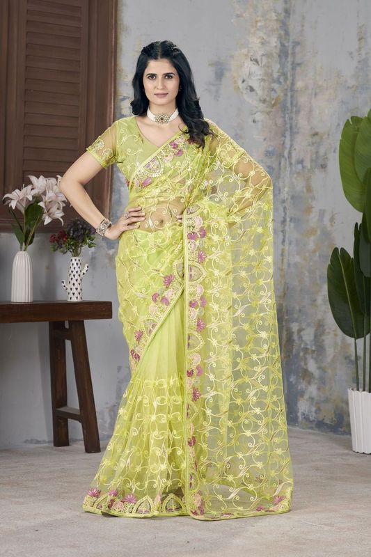 Green Foil Thread & Aari Dori Embroidery Work Butterfly Net Saree