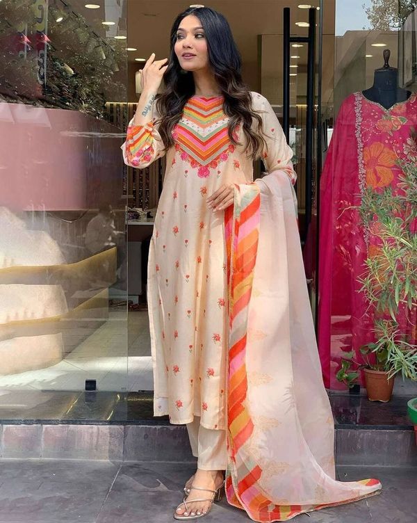 Orange Chanderi Cotton Straight Kurta