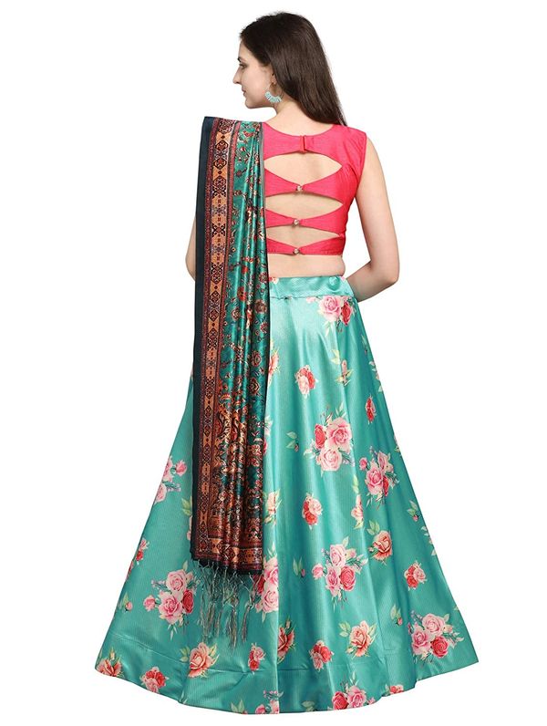 Bandhni Patola Type Digital Print Shiney Satin Croptop Lehenga Choli With Blouse For Women and Girls